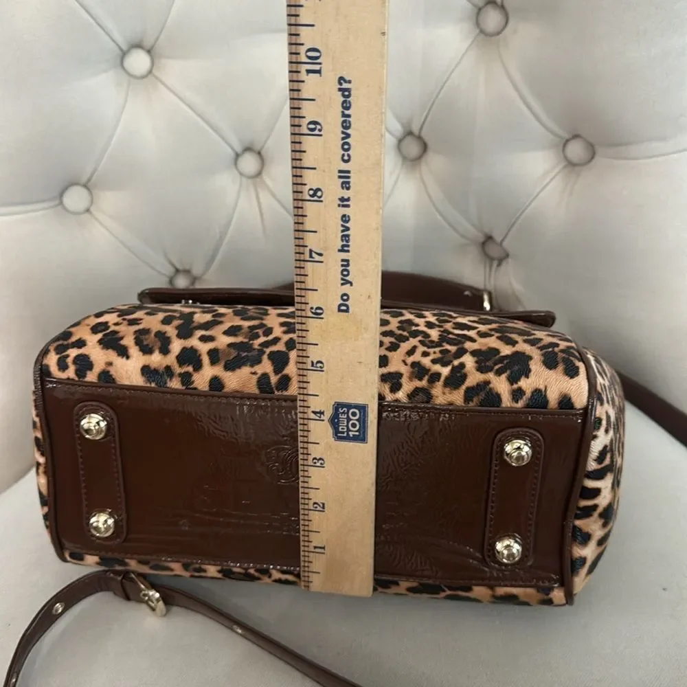 Sharif Leopard Print Satchel with Rose Gold Sequined Flap and Brown Trim